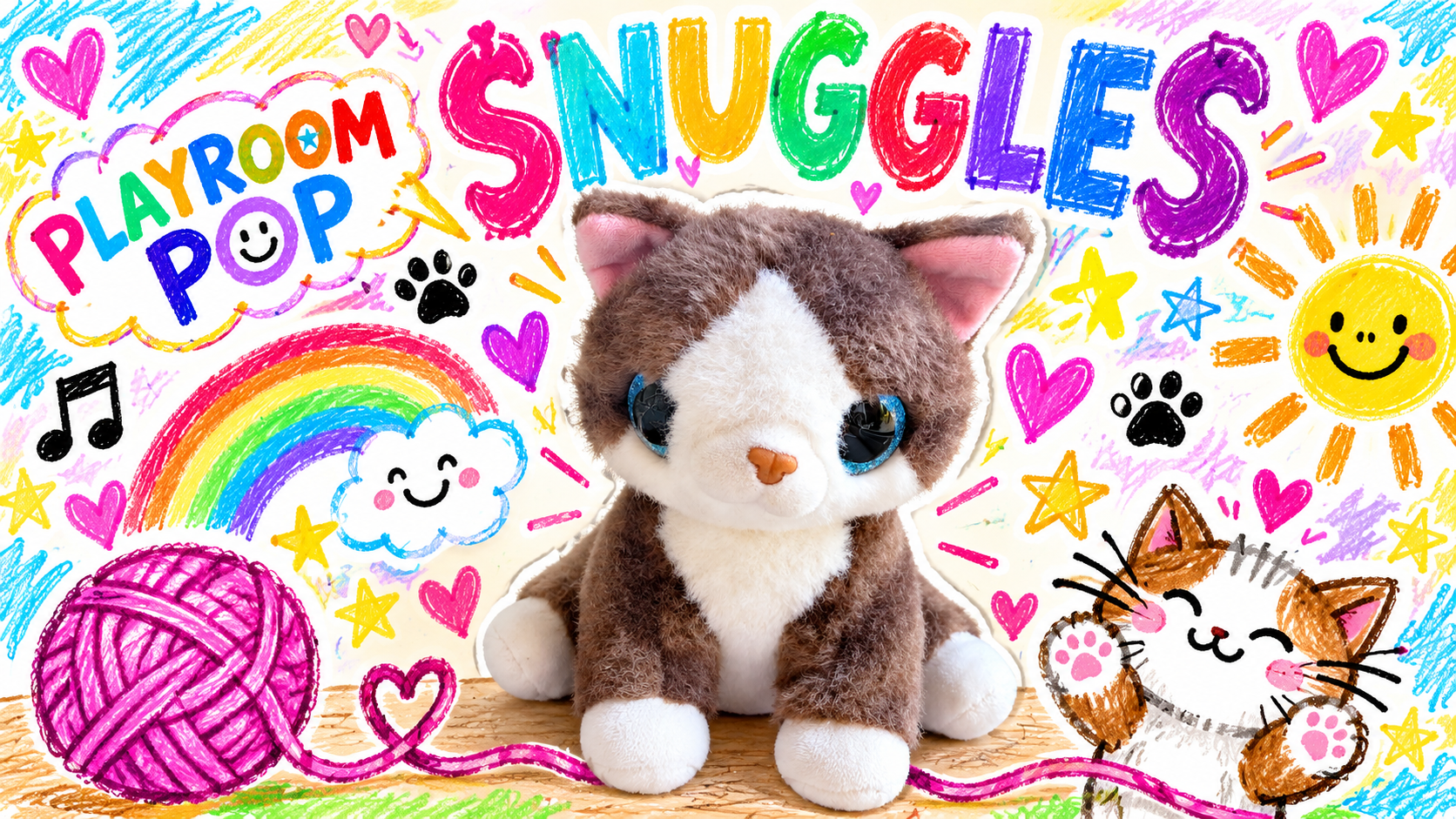 Crayon drawing of Snuggles, a brown-and-white kitten playing with a pink ball of wool under a rainbow