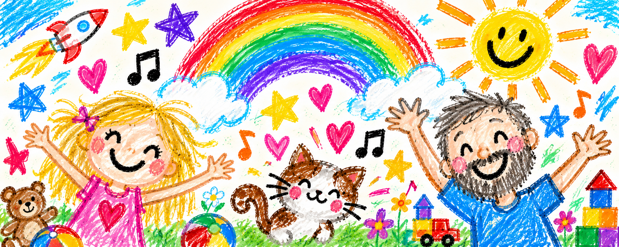 Crayon drawing of a girl, her dad and a cat under a rainbow, surrounded by stars, hearts and music notes