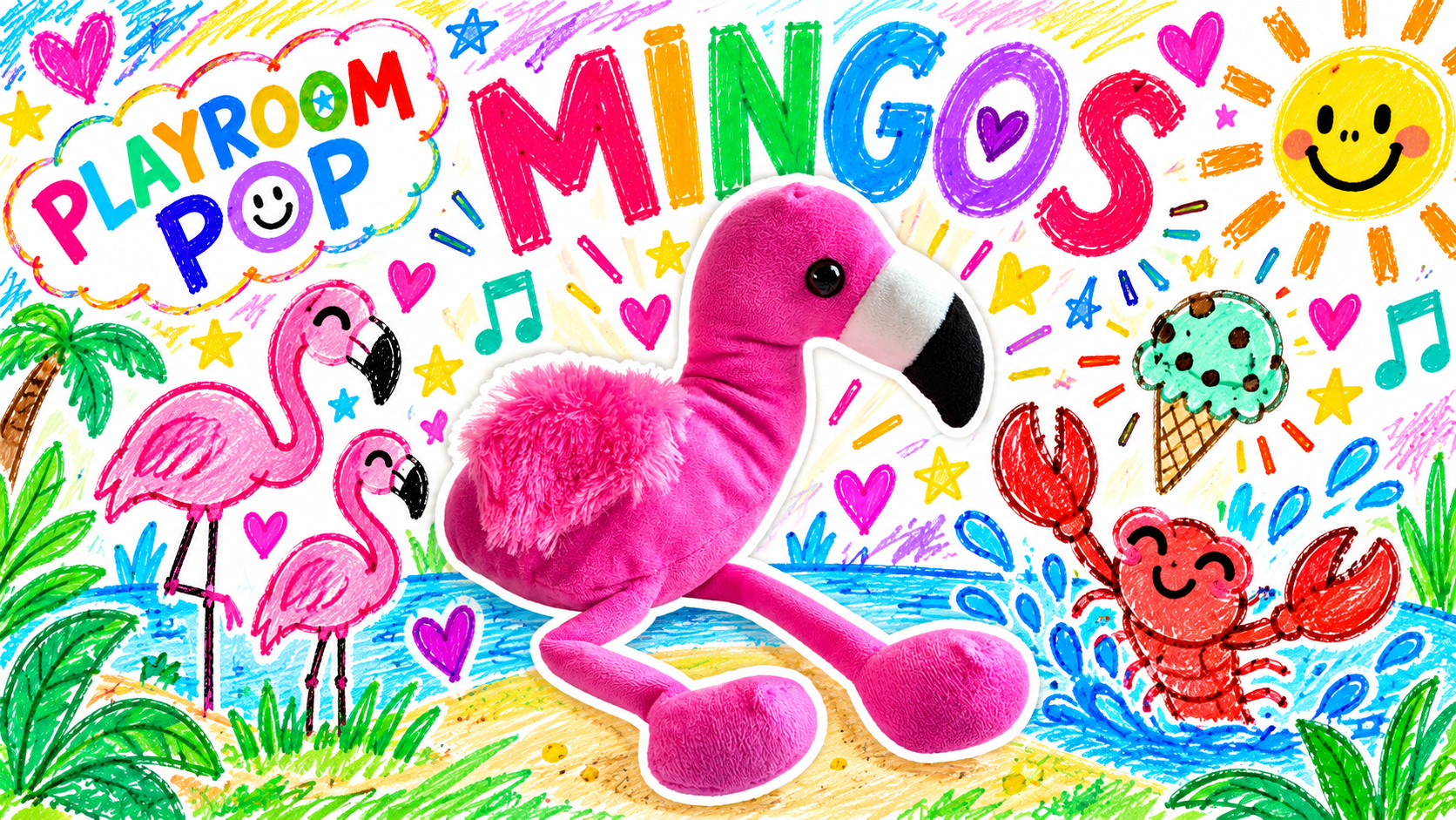 Crayon drawing of Mingos, a bright pink flamingo, with a lobster and an ice cream in a child's hand-drawn scene